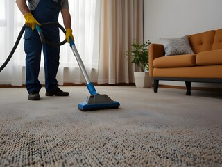 Men clean the carpet