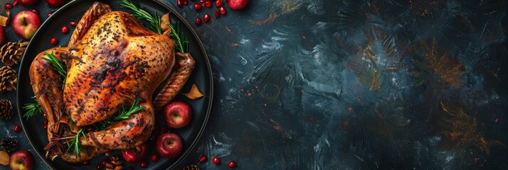 Fototapeta premium Thanksgiving Homemade Roasted Turkey. Top view flat lay background. Copy space.