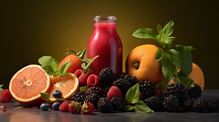 Fresh and Healthy Assortment of Juices and Fruits with Berries and Citrus