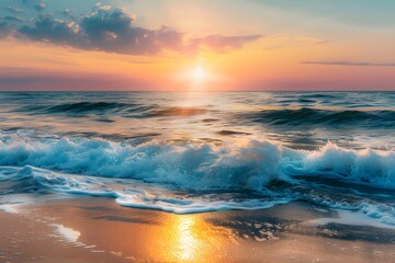 Obraz premium Colorful Sunset Over the Sea with Waves on Sand Beach
