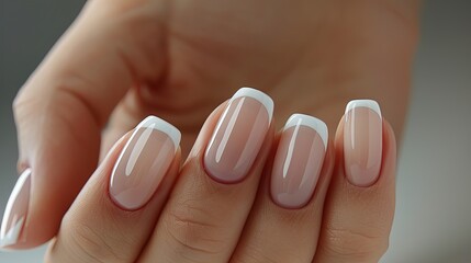 Hand with classic French manicure. Close-up studio photography. Beauty and personal care concept for design and print.