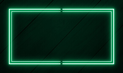 Dark wood wall background, green neon light and rectangle shape with horizontal banner.