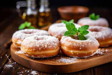 Wooden plate topped with donuts covered in powdered sugar.