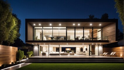 Modern house at night. Photo of modern house with outdoor lighting, at night, external view