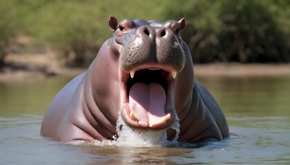 A Hippopotamus With Its Mouth Open Wide Emitting Upscaled 4
