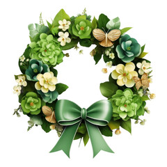 Beautiful clover wreath isolated on transparent background, png clip art decorative element, floral round frame.