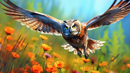 Beautiful flying owl on spring field full of bright wild flowers. Forest bird portrait. Splash screen or sketchbook cover template. Outdoor background. - Powered by Adobe