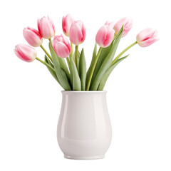 Beautiful pink tulip flowers in a vase isolated on white or transparent background, png clipart, design element. Easy to place object on any other background.