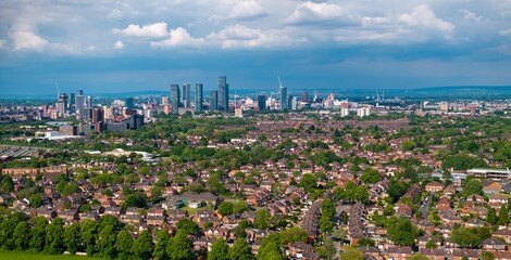 Wide panoramic image of Trafford, greater Manchester showing Manchester cityscape on the distance. 