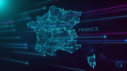 Abstract Futuristic Blue Violet Shiny Perspective Square Hud Particles Mosaic Grid And Text Of Faint Administrative France Map With Dotted Lines Light Flare