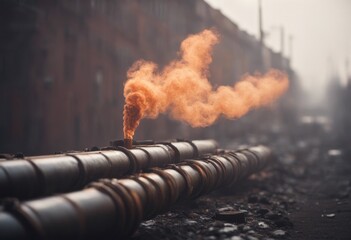 pipeline overground pipes at conducting city earth ating industry factory plant industrial sky refinery oil chimney pipe chemical metal gas power steel energy blue pollution fuel