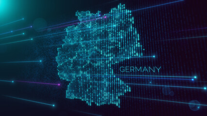 Abstract Futuristic Blue Violet Shiny Perspective Square Hud Particles Mosaic Grid And Text Of Faint Administrative Germany Map With Dotted Lines Light Flare