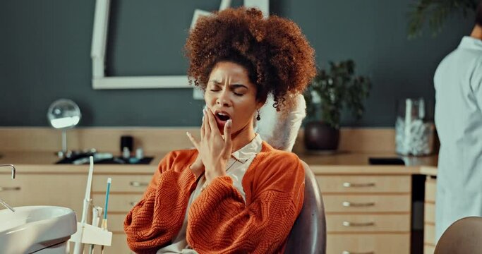 Toothache, woman and sensitive face at dentist with dental and gum injury at a clinic for mouth. Gingivitis, tooth pain and patient with medical, healthcare and accident at an appointment for teeth