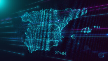 Abstract Futuristic Blue Violet Shiny Perspective Square Hud Particles Mosaic Grid And Text Of Faint Administrative Spain Map With Dotted Lines Light Flare