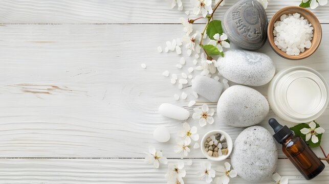Cosmetic bottle containers, skin cream with flowers. Natural beauty and spa concept, Top view on white  wood table background.