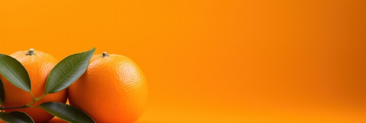 Fresh citrus fruit on orange background, wide horizontal panoramic banner with copy space, or web site header with empty area for text.
