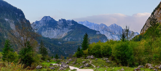 Panoramic view of scenic landscape between Koinigsee and Obersee lakes in Germany