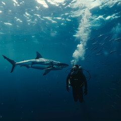 Fototapeta premium Underwater Adventure: Diver with Great White Shark 