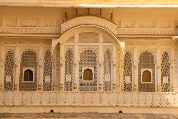 Arched windows intricate architecture of historic Junagarh Fort in Bikaner, Rajasthan, India