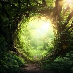 Fototapeta premium Enchanted Forest with Sunlit Portal Doorway