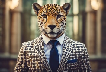 posing portrait patterned elegant attitude suit anthropomorphic animal confident human classy fashion high tie charismatic jaguar dressed cat funny studio