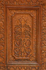 The intricate design carved on red wood door at Junagarh fort , Bikaner, Rajasthan, India