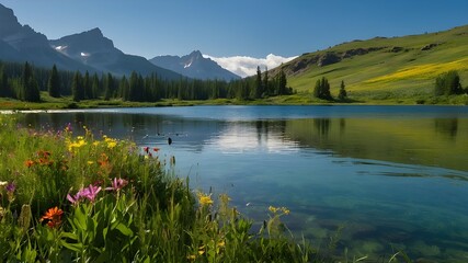 Tranquil Mountain Lake Enveloped in Soft Mist: A Scenic Escape, Green Lake Partially Frozen Over in Winter: A Serene Winter Wonderland, Vibrant Green Lake Between Mountains: A Nature Lover's Paradise,