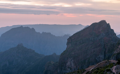 Scenic landscape of Pico do Areeiro landscape in Central madeira Island during twilight.