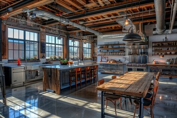 An open-concept kitchen and dining area with industrial design, featuring metal fixtures and reclaimed wood surfaces, in a renovated warehouse during midday