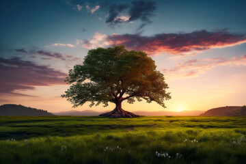 Fototapeta premium Tree in field with sunset in the background.