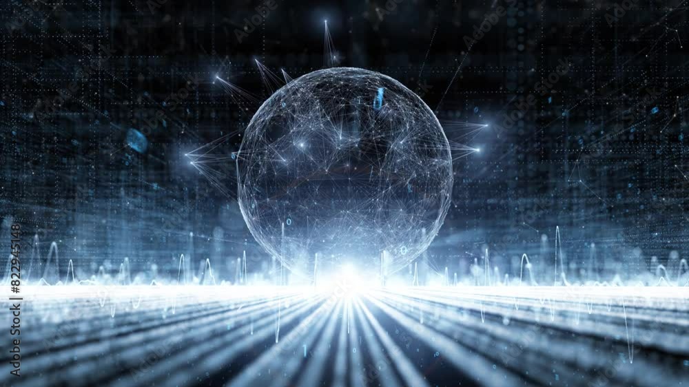 Wall mural digital cyberspace with 3d sphere and waves copy space animation.
