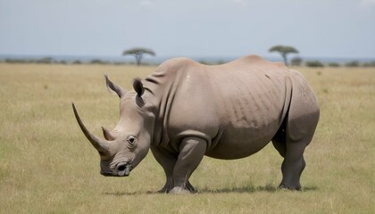 A Rhinoceros Grazing In A Savanna Upscaled