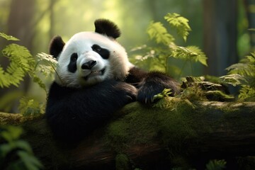 Panda lounges comfortably on a moss-covered log in a lush green forest environment