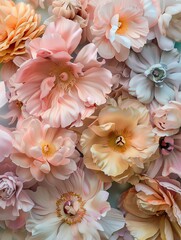 Soft, pastel spectrum bouquet with oversized blooms and delicate petals, forming a lush, vintage-inspired floral sculpture
