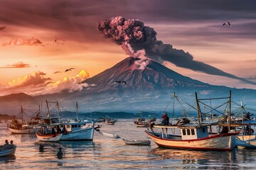 The fishing boats in the Bay with the volcano.High quality photo