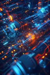 Intense hi-tech background showcasing robust, glowing fiber optics and complex digital symbols, conveying strength and precision