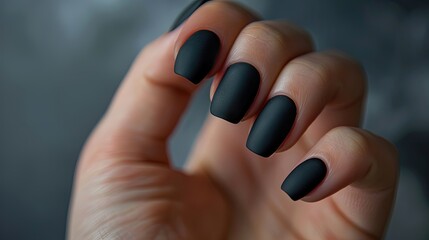 Hand with matte black manicure. Close-up studio photography. Beauty and personal care concept for design and print.