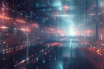 Fototapeta premium Melancholic high-tech design with fading digital patterns and soft, flickering lights, evoking a feeling of quiet sadness