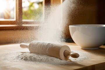 The white flour with a rolling pin.high quality photo