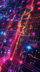 Obraz premium Futuristic digital background featuring bright, multicolored circuits and cheerful, animated interfaces, creating a sense of happiness