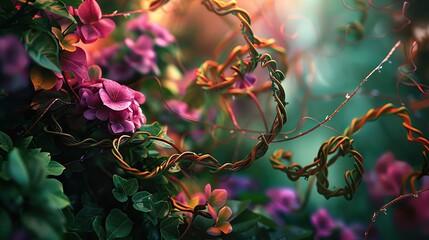 Botanical explosion with vibrant flora and spiraling vines, presenting a lush, dynamic plant world