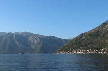 View of the Bay of Kotor and the resort village surrounded by mountains