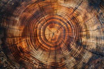 Wood stump background. Round felled tree with annual rings as wood texture - generative ai