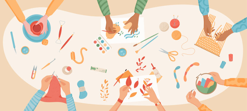 Flat children handmade hobby collection, colorful handcraft knitting and pottery art class background, cartoon hands make handicraft craftwork group illustration, creative DIY workshop banner.