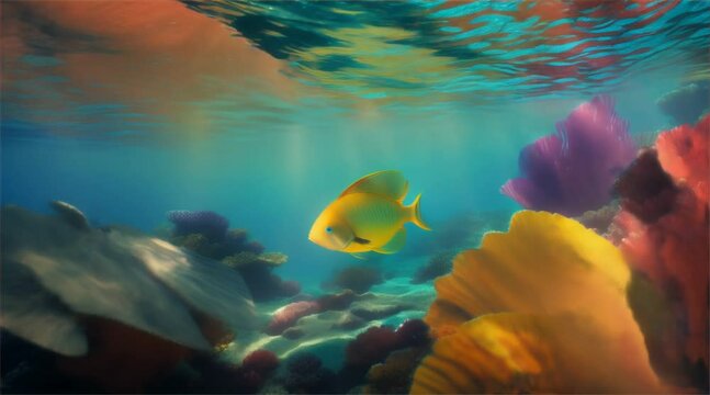 Underwater scene featuring a vibrant coral reef teeming with colorful fish in the deep blue sea
