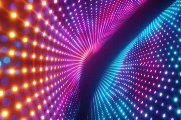 Glowing neon background with a dotted matrix, combining bright lights and bold, colorful dots