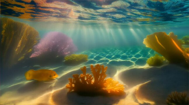 Underwater scene featuring a vibrant coral reef teeming with colorful fish in the deep blue sea