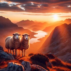 Sheeps grazing at the top of mountain fields with sunset background