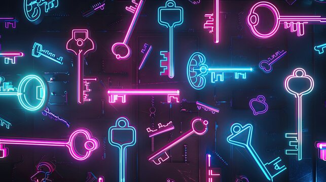Neon key background featuring glowing keys of various shapes and sizes, scattered against a dark, futuristic backdrop