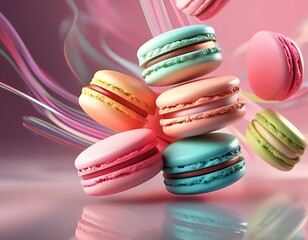 Obraz premium Various colorful of macarons floating in the air with motion blur pink background 